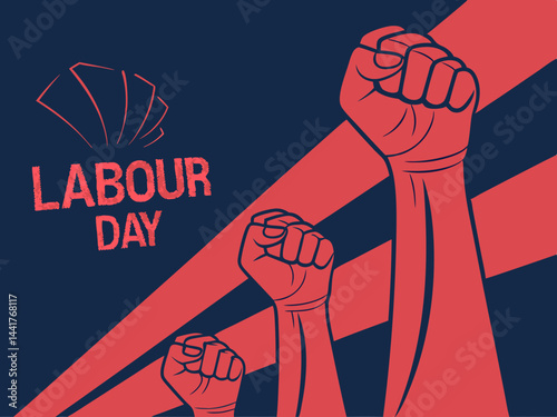 Happy Labour Day or International Workers’ Day Vector Illustration with Raised Fists, Tools, and Banners for May Day Celebration and Labor Rights Solidarity