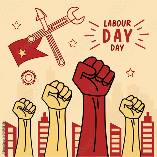 Happy Labour Day or International Workers’ Day Vector Illustration with Raised Fists, Tools, and Banners for May Day Celebration and Labor Rights Solidarity