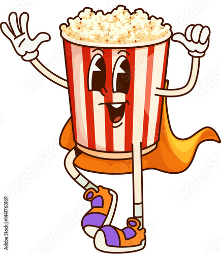 Cartoon groovy popcorn bucket fast food character wearing superhero or wizard cape. Vector funny pop corn box retro y2k personage with cute smiling face. Tasty snack for cinema with positive emotion