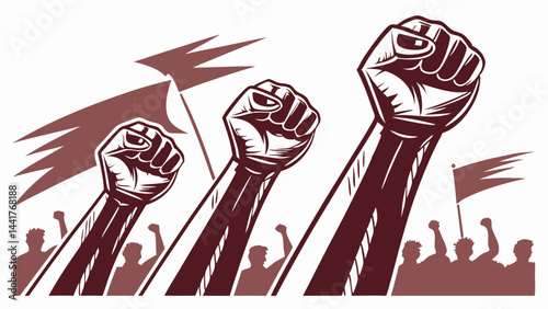 Happy Labour Day or International Workers’ Day Vector Illustration with Raised Fists, Tools, and Banners for May Day Celebration and Labor Rights Solidarity