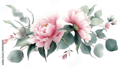 Delicate watercolor floral arrangement with pink peonies and eucalyptus leaves, soft pastel tones and artistic border, wedding-themed composition