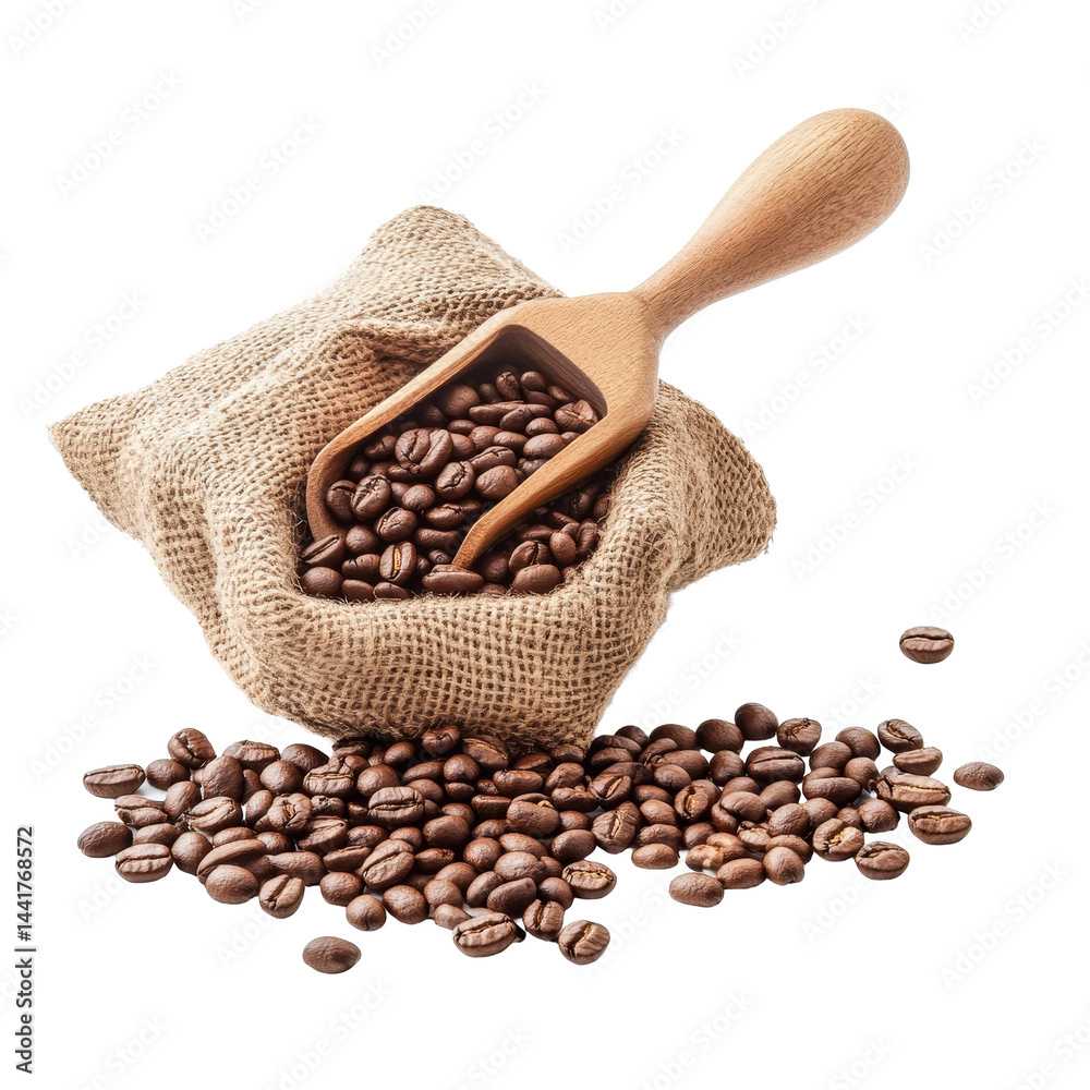Obraz premium Burlap sack filled with coffee beans and wooden scoop isolated on a transparent background showcasing, Coffee beans, burlap sack and wooden scoop isolated on transparent background Stock Photo