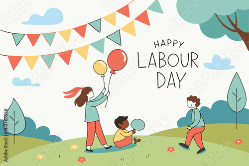 Happy Labour Day or International Workers’ Day Vector Illustration with Raised Fists, Tools, and Banners for May Day Celebration and Labor Rights Solidarity