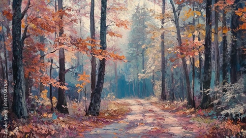 Autumnal forest path with colorful trees and sunlight red art oil fall blue mood woods brown green