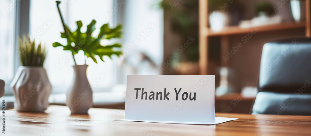 Office Appreciation: Clean, elegant note reading “thank you” on a modern desk setup