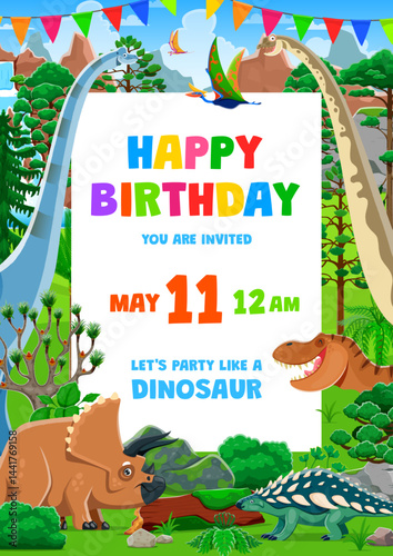 Happy birthday party flyer with funny dinosaurs. Dino party vector poster with cartoon jurassic dinosaur characters in jungle with color flags bunting. Kids birthday invitation flyer with cute dinos