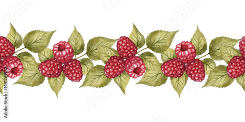 Seamless border of ripe raspberries and green foliage in watercolor on white background. Ideal for natural product packaging, culinary designs, invitations, eco branding and botanical themes.