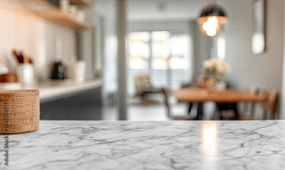 Modern kitchen countertop with blurred dining area