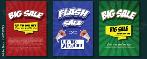 Flash sale, big sale template with loud speaker, ribbon, 3d text effect, can be used in online selling market flyer, advertising, discount announcement, easily editable flyer, vector art illustration