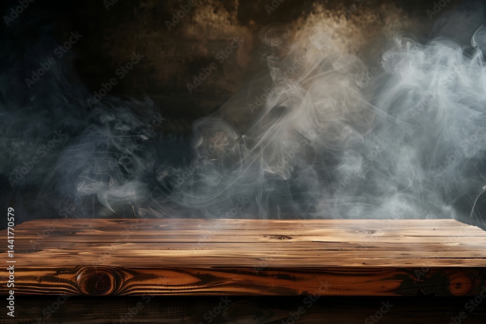 empty wooden table with smoke float up on dark background Empty Space for display your products empty wooden table with smoke float up on dark background Empty Space for display your products