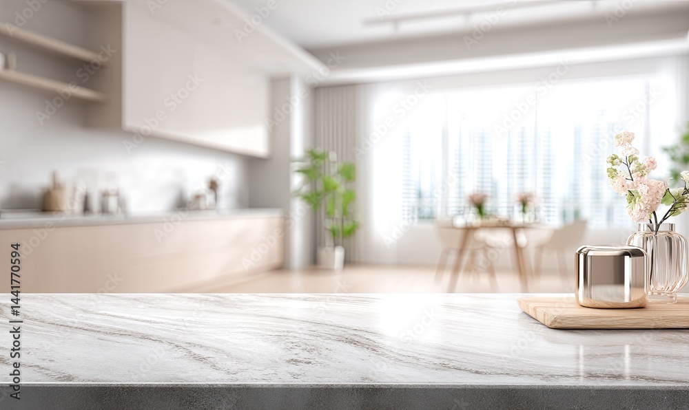 Modern kitchen countertop, light beige cabinets, marble surface, flowers