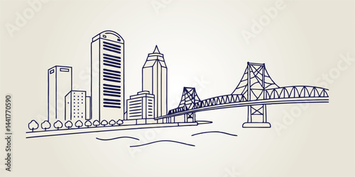 Jacksonville skyline, featuring its downtown high-rises and St. Johns River bridges in a sleek.