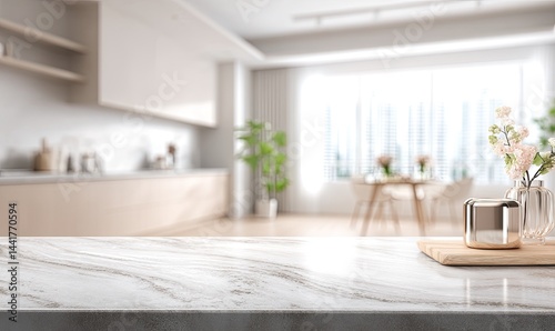 Modern kitchen countertop, light beige cabinets, marble surface, flowers