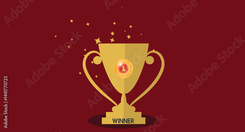 Flat design illustration of a trophy symbolizing victory in a race, featuring a shiny cup, handles, and a base, representing achievement and success in sports or competition on a clean background.
