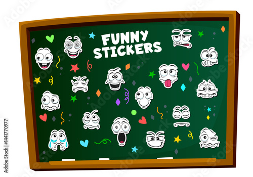 Cartoon funny face emotions stickers pack with vector smile emojis characters. Happy, scared and confused facial expression emoticons. Cute face emotion characters winking, crying and teasing tongues