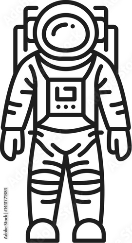 Space astronaut spacesuit and galaxy thin line icon. Space research or discovery lineart vector sign, cosmos flight linear pictogram. Astronomy exploration outline icon or cosmonaut spaceman symbol