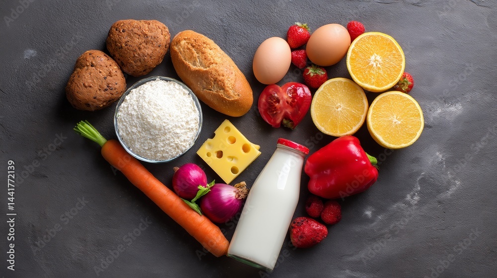 Healthy food arranged in a heart shape with fading cholesterol indicators, symbolizing dietary control for heart health. Healthy food arranged in a heart shape with fading cholesterol indicators, symbolizing dietary control for heart health.