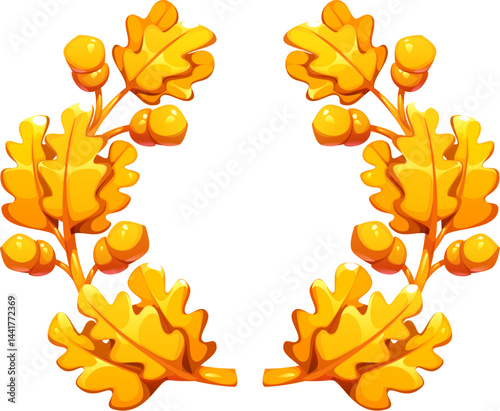 Cartoon oak wreath with golden branches, leaves and acorns. Vector game asset badge for winner award, honor prize or trophy. Champion medal and certificate heraldic golden frame with oak wreath