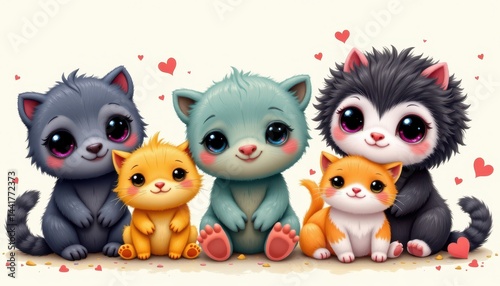 Cute and cuddly creatures set against a light, polka dot background.