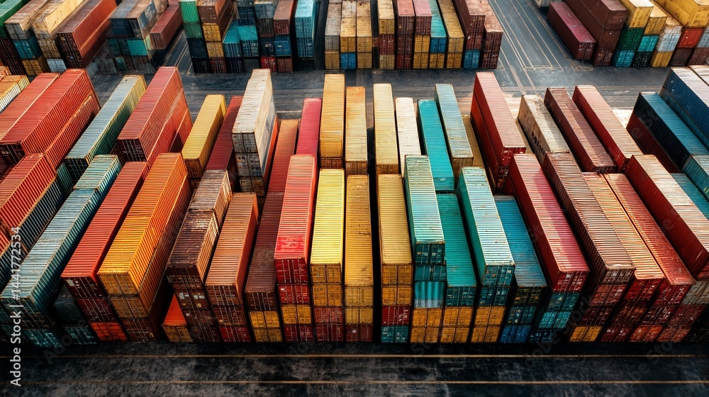 Obraz premium Stacked shipping containers in orderly rows at a bustling port, showcasing global logistics efficiency.
