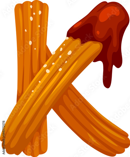 Fast food churro snack cartoon alphabet font letter K. Fastfood cafe meal font symbol, street restaurant appetizer cartoon vector English typeset letter. Takeaway snack ABC font typeset K letter