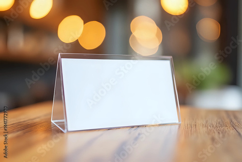 White label on the table. Stand for acrylic tent card Used for Menu Bar and restaurant or put everything into it. Mockup.