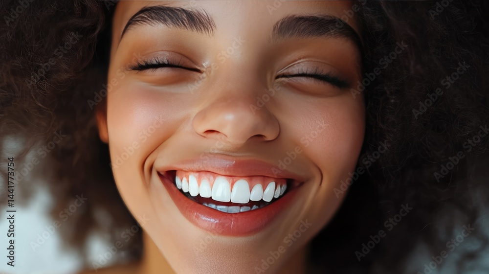 A young woman with curly hair smiles broadly, showcasing her bright teeth, radiating happiness in a cozy indoor setting