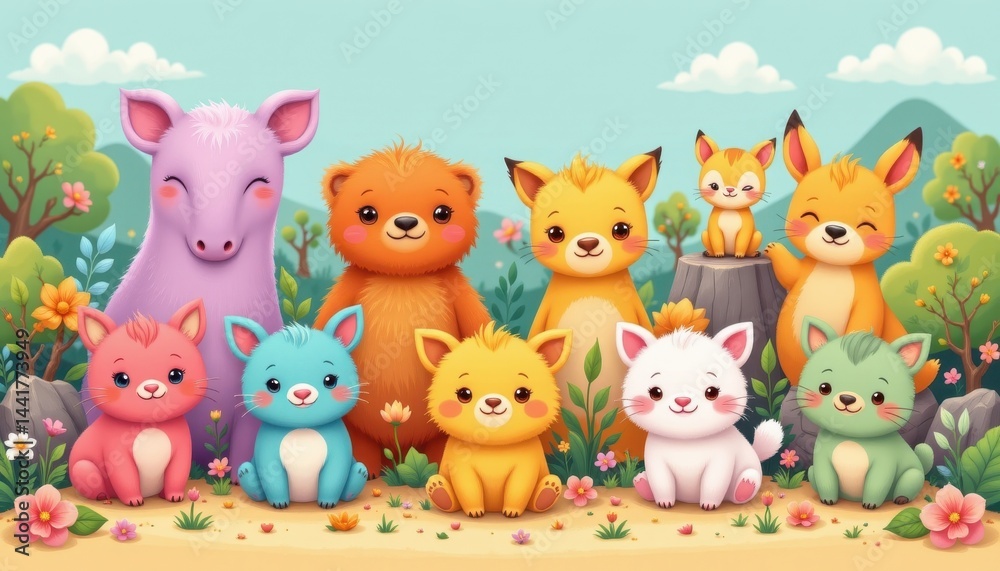 Naklejka premium Adorable cartoon creatures showcased in a charming seamless layout.