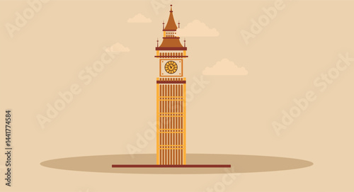 Flat design illustration of Big Ben tower in London, England, featuring iconic clock face and detailed structure, symbolizing British heritage and landmark architecture on a solid background.