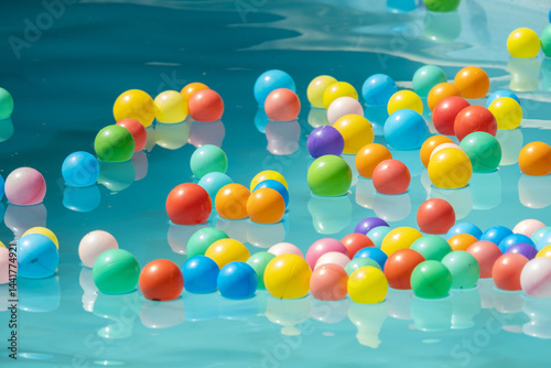 Colorful balls in a swimming pool in summer