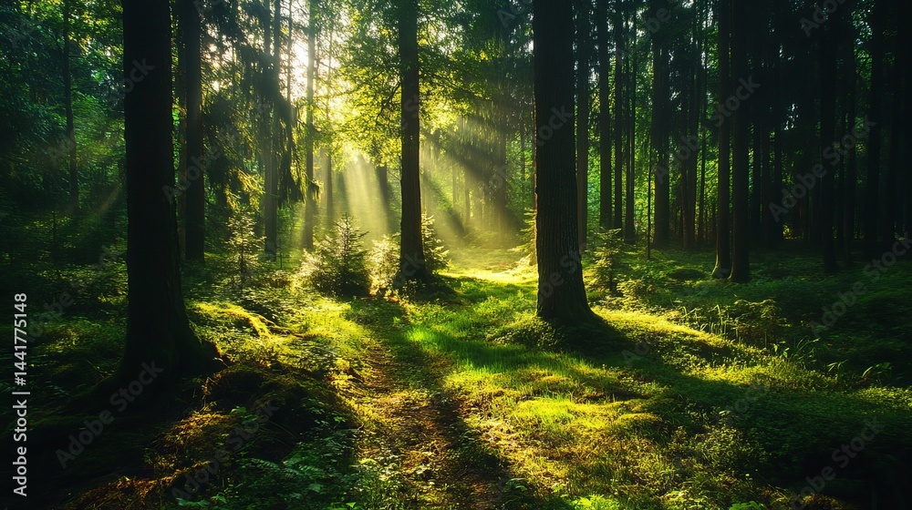 Obraz premium Sunbeams illuminate lush green forest path magical sunlight beams through trees tranquil nature scene