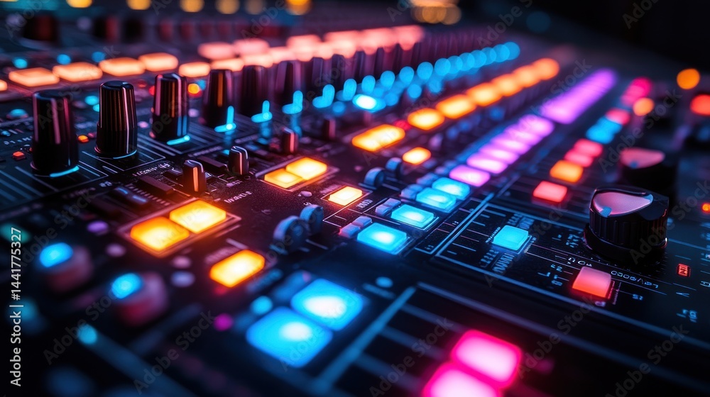 Illuminated audio mixing console featuring vibrant digital controls panel Illuminated audio mixing console featuring vibrant digital controls panel