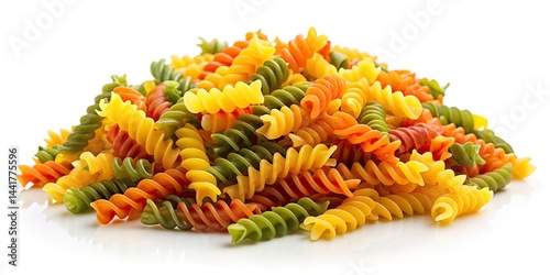 Colorful Fusilli Pasta Pile, Raw Dry Tricolore Pasta, Isolated White Background, Food Photography, Culinary Image