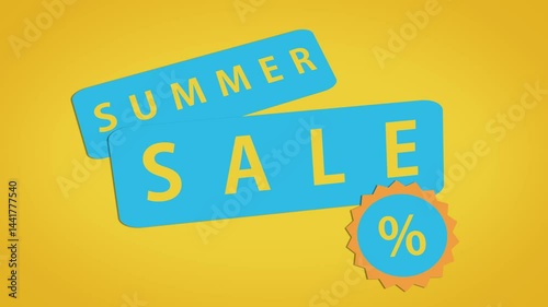 Summer Sale Tags. Video graphics design concept for sale campaigns, 10 seconds animation, yellow text on blue tags for summer season.
