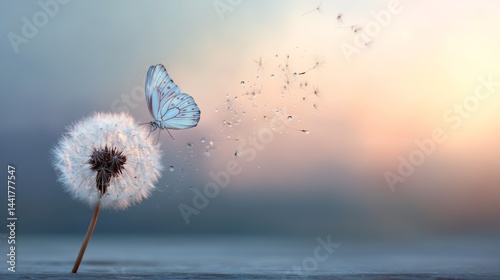 Natural pastel background. Morpho butterfly and dandelion. Seeds of a dandelion flower in drops of water on a background of sunrise. Copy spaces.                          