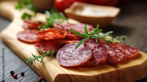 Wooden board with slices of tasty salami on light background