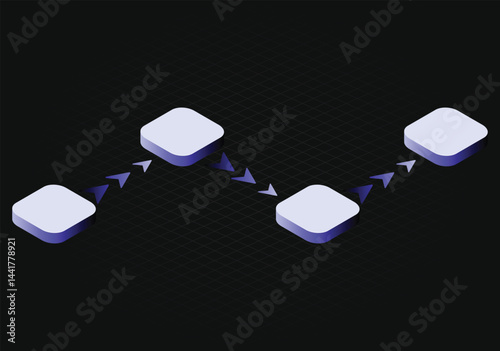 Isometric 4 Step Flowchart Diagram with Arrows – Dark Grid Background Infographic Template for Process Visualization, Workflow Analysis, Data Flow Representation, Strategy Planning, Technology, Busine