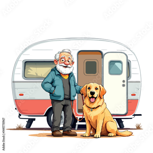 Vsai senior man with dog enjoying caravan camping lifestyle