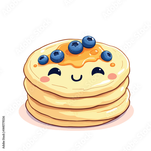 Vsai stack of pancakes with blueberries and syrup smiling happily
