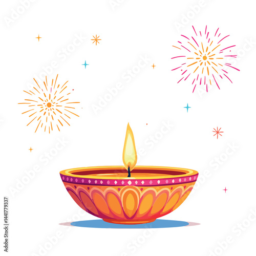 Vsai diwali festive oil lamp burning with fireworks celebrating light over darkness