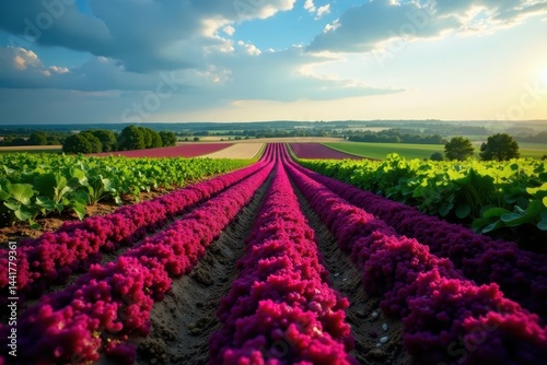 Rows of beets stretching to horizon French countryside scene , crop, harvest, red