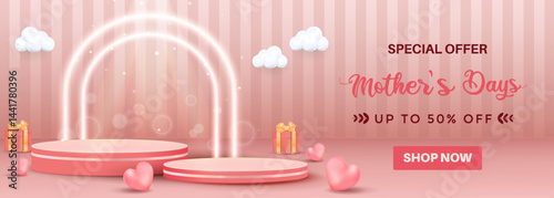 Elegant Mothers Day Sale Background with Gifts and Floating Hearts