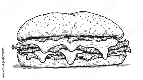 philly steak sandwich with melted cheese line art tasty food concept
