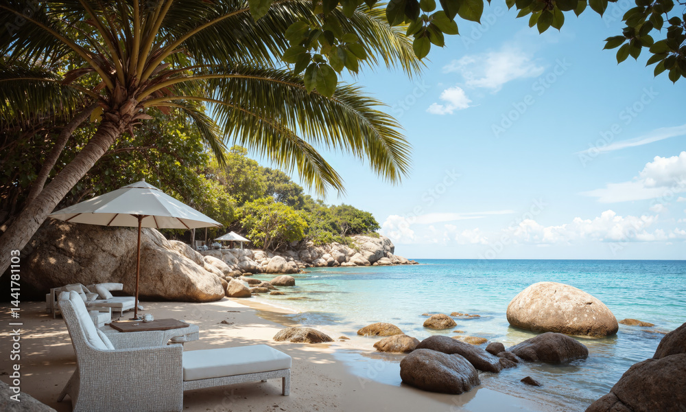 Naklejka premium Secluded Beach with Crystal Clear Water and Rocks A hidden, serene beach with crystal-clear water gently lapping at the shore, smooth rocks scattered