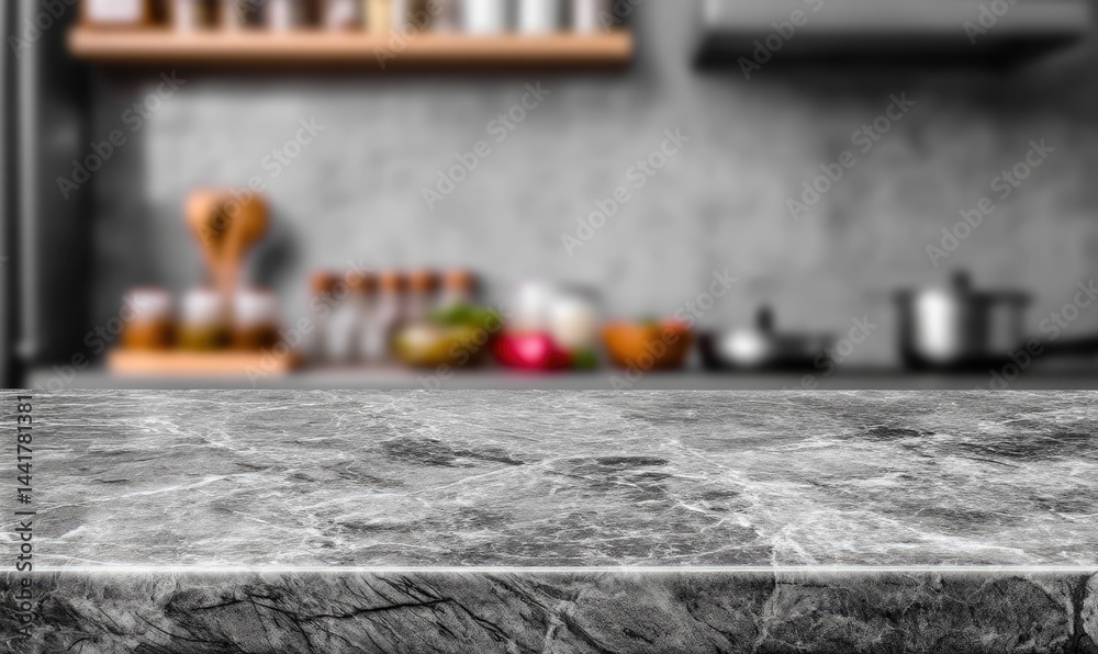 Gray marble countertop, blurred kitchen background