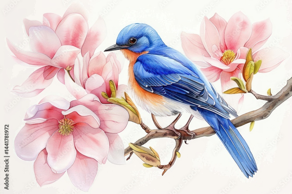 Obraz premium vibrant blue and orange bird perched on a brown branch surrounded by soft pink magnolia flowers evoking a peaceful and delicate springtime scene