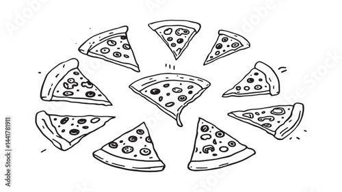 pizza flying line art visual story with playful abstract toppings