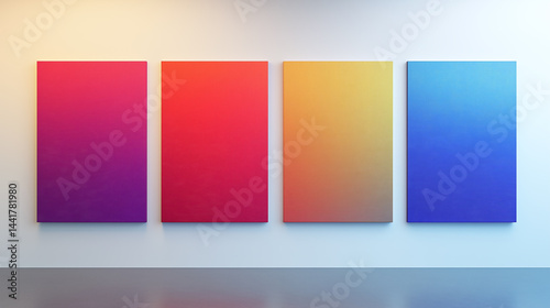 Four rectangular canvases arranged on a wall in art gallery setup. Colorful gradient textured canvases.