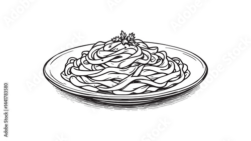 Plate of fettucini alfredo with garnish line art tasty meal drawing