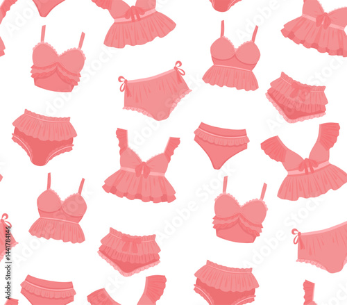 Vector seamless pattern with delicate pink underwear. Texture with panties and bras in delicate tones with ruffles and bows. Textile with feminine separate swimsuit. Wallpaper with clothing elements